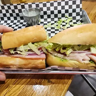 Halves of 6&quot; sandwiches Left: Hog Heaven Right: Turkey Pesto