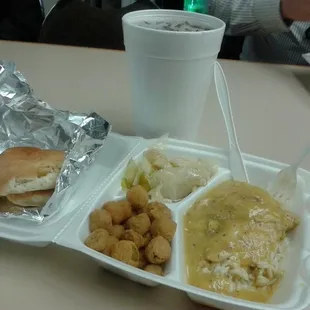 Smothered Chicken Breast in Mushroom Gravy, Steamed Cabbage w Bacon, Fried Okra &amp; Freshly made Dinner Roll!