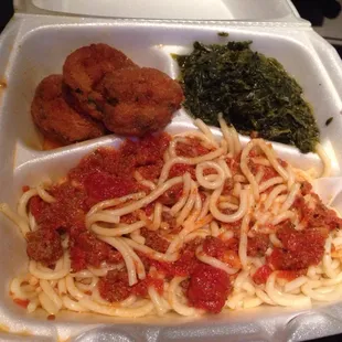 Spaghetti with meat sauce. And a choice of two sides; breaded zucchini (yum) and spinnach. $4.99 - the rest was sub par.