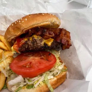 Customized burger with added bacon.