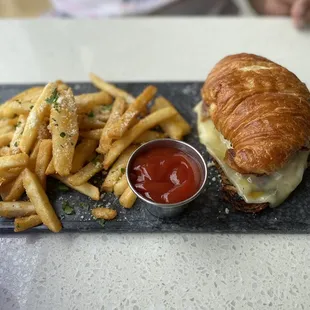 Fried Chicken Waffle Sandwich and Fries