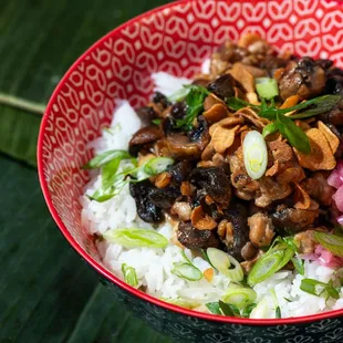 Mushroom and Tempeh Sisig Bowl, jasmine rice, pickled red onion, garlic chips, green onion