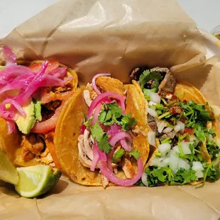 Tacos: Pollo Asado, Cochinita Pibil, Carne Asada