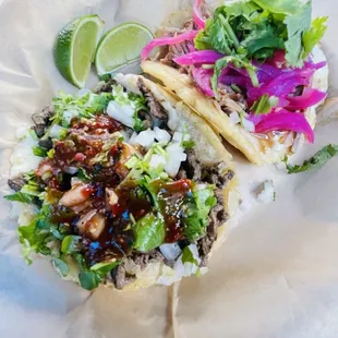 Salbutes of carne Asada &amp; pulled pork (Cochinita Phil)