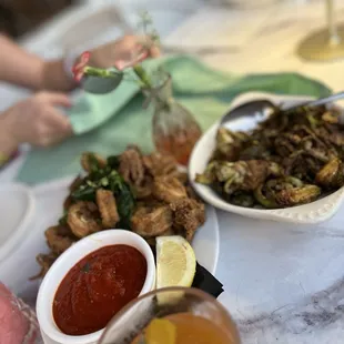 CALAMARI, BRUSSELS SPROUTS