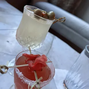 Dirty dirty martini and a mezcal refresher with candied hibiscus.