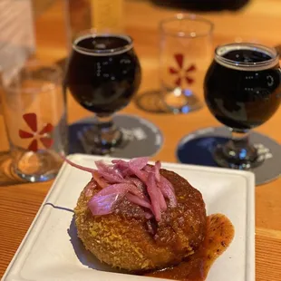 Bbq pork okazu pan. Black Stripe Coconut Porter (left) and Sherwood Coffee Stout (right).