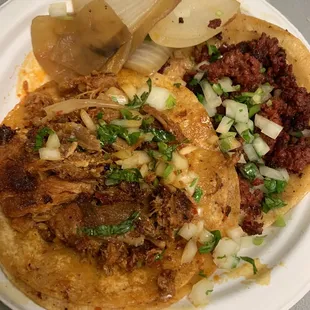 Chicharron prensado and chorizo taco