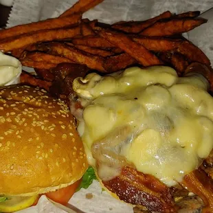 Awesome mushroom Swiss burger with an upgrade to sweet potato fries! Yum!