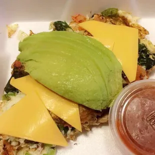 Amazing! Veggie egg white omelette with avocado and cheese.. you can request the cheese you want! Thank you Omar! Best cook ever!