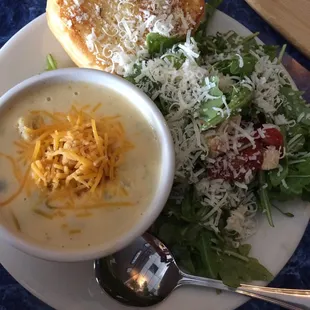 Arugula house salad, white cheese problano soup.
