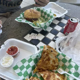 Great quesadilla with seasoned beef and a burger