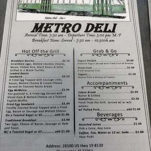 the menu for the metro deli