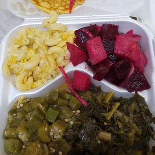 Vegetable plate with macaroni and cheese, beet salad, okra, collards, and cornbread. Everything was so good!