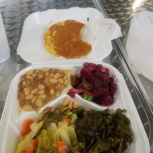 Veggie plate: cornbread, pinto beans, collards, spicy beet salad, and cabbage