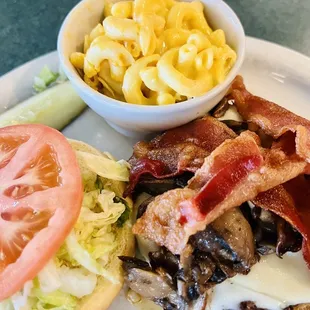 Chop steak sandwich with side of Mac n cheese