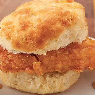 a fried chicken biscuit on a plate