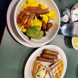 Avocado Bacon bowl, waffle and turkey sausage.
