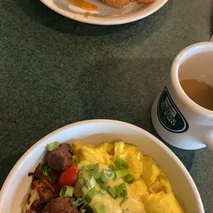 Biscuit, steak, eggs, onion rings