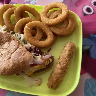 Bacon cheeseburger combo with onion rings