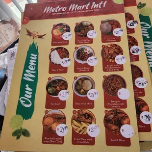 a menu for a variety of food items