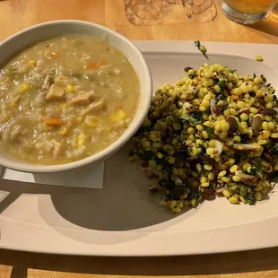 What a great meal for a chilly evening: Chipotle chicken and rice soup and a side of Israeli couscous.