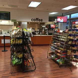 Coffe bar, salad bar, grill, snack options.