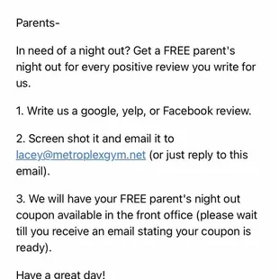 Email from Metroplex Gymnastics