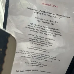 a menu for a lightner tapas