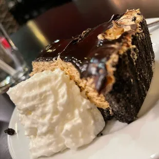 a slice of chocolate cake with whipped cream