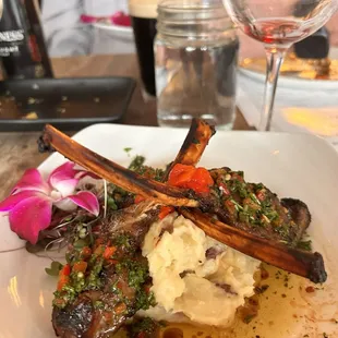 Lamb chops w smashed taters and chimichanga. Yum!