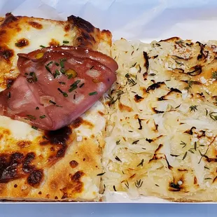 Left: mortadella Right: sweet onions, pecorino, thyme