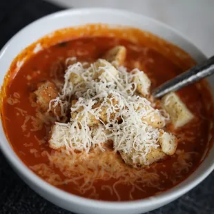 Met market Tomato soup, their garlic croutons, fresh grated mozzarella