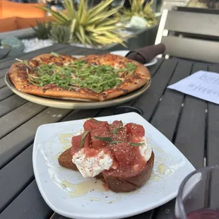 Burrata toast with seasonal fruit and honey &amp; carnivore pizza