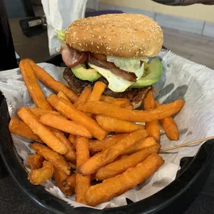 The Hangover burger with Sweet Potato Fries
