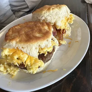 Sausage biscuit and bacon biscuit with cheddar and scrambled eggs