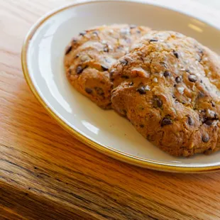 a chocolate chip cookie on a plate