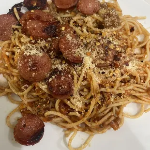 spaghetti with meat sauce, and hot sausages