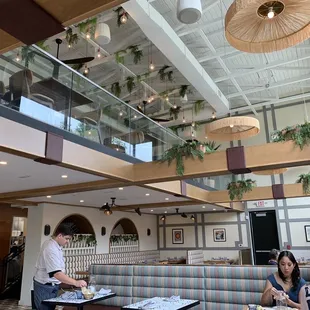 Interior with view of mezzanine seating for private parties