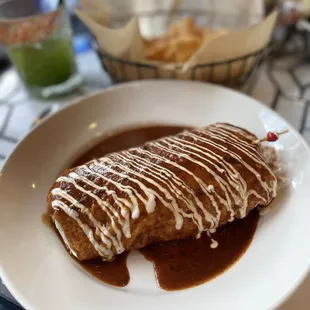 Smothered Burritos (lunch portion, Birra) delicious