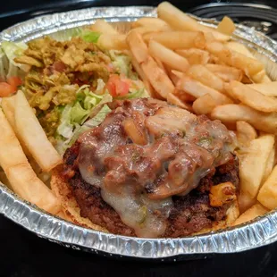 Pastor Burger. Burger patty topped with pastor pork, pepper jack, pineapple, lettuce, pico, fried jalapeno, fries. $11.50.