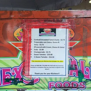 Price list/ August 2022, cart at 7 Market, King+ Tully. Dont be afraid to get your tamales. :*)