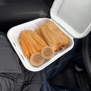 Regular Pork Tamale (no queso crema; extra hot sauce)