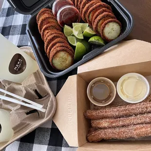 Lemonade, cucumber rolls, and churros