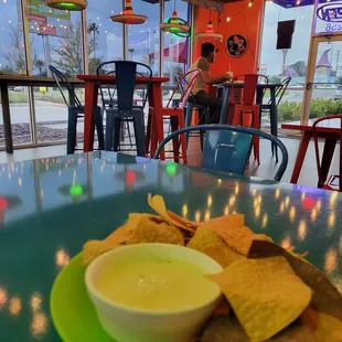 a plate of chips and a bowl of salsa