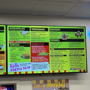 Kids Menu, Quesadillas, Tortas, Tostadas, Taquitos, Desserts, and Drinks.