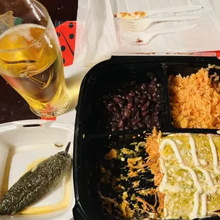Cerveza, a stuffed jalapeño, and Enchiladas-3Pieces.