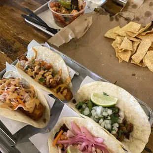 Glazed Pork Belly Taco, Baja Bang Shrimp Taco, Tofu Taco, Al Pastor Taco, Ceviche Fresco