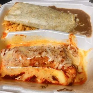 Chicken enchilada and bean burrito plate