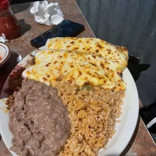 Ground Beef &amp; Cheese Enchiladas rice and beans